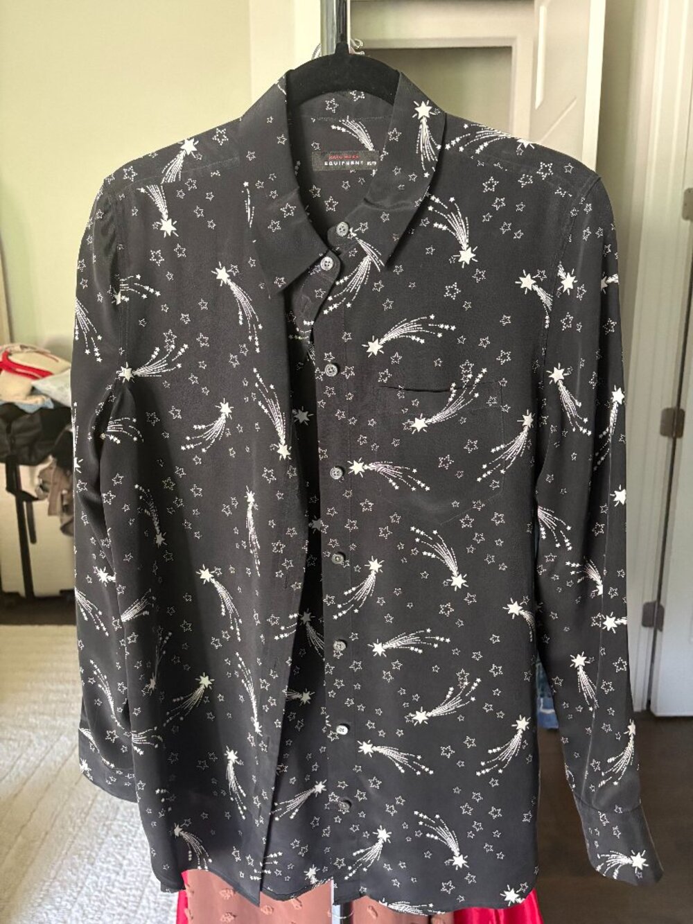 Equipment Kate Moss Shooting Star Print Silk Shirt Black White Button Down XS